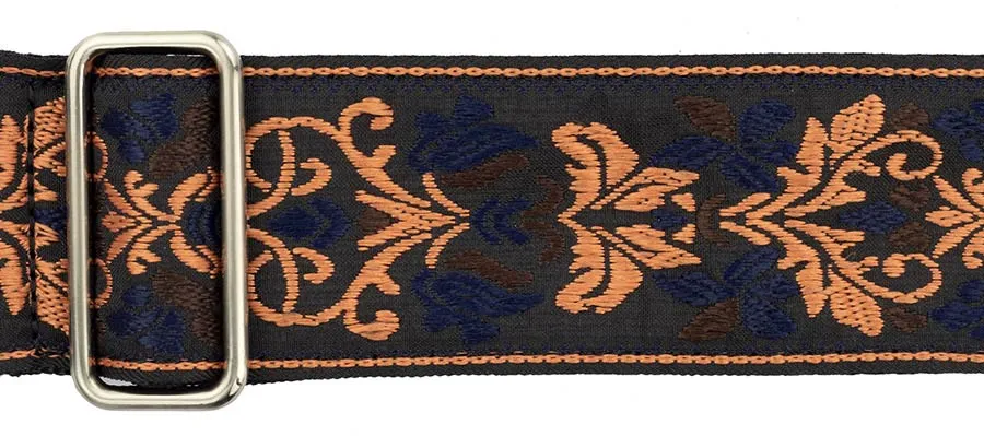 Vintage Jacquard Weave Premium Guitar Strap Cotton/Leather - Black/Blue/Orange
