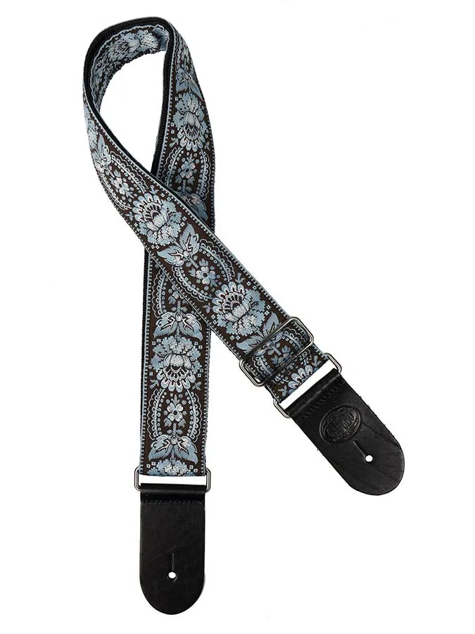 Vintage Jacquard Weave Premium Guitar Strap Cotton/Leather - Blue/Brown