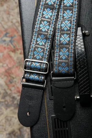 Vintage Jacquard Weave Premium Guitar Strap Cotton/Leather - Blue/Grey