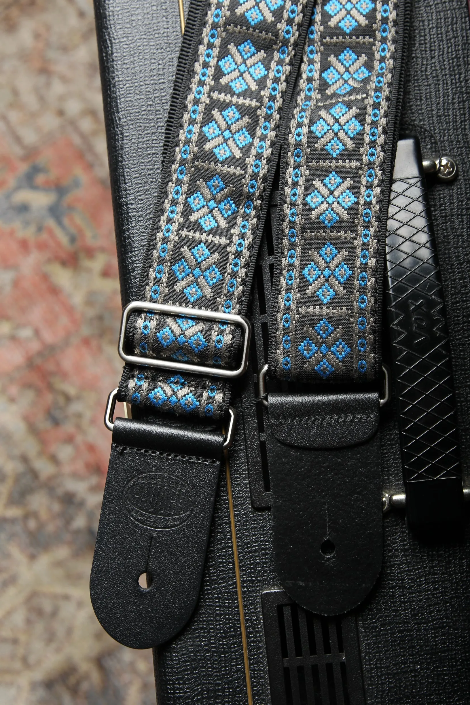 Vintage Jacquard Weave Premium Guitar Strap Cotton/Leather - Blue/Grey