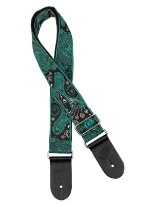 Vintage Jacquard Weave Premium Guitar Strap Cotton/Leather - Green/Black