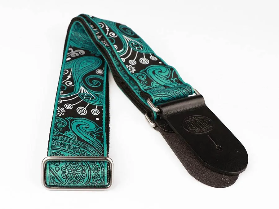 Vintage Jacquard Weave Premium Guitar Strap Cotton/Leather - Green/Black