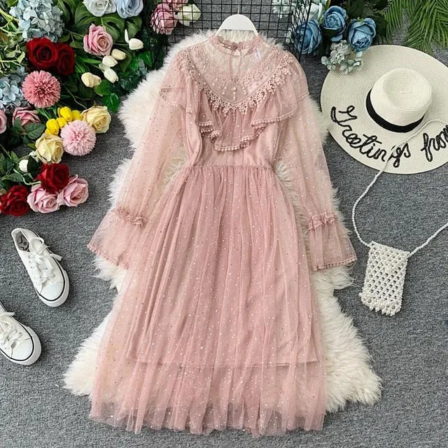 Vintage Lace Floral Midi Dress Elegant