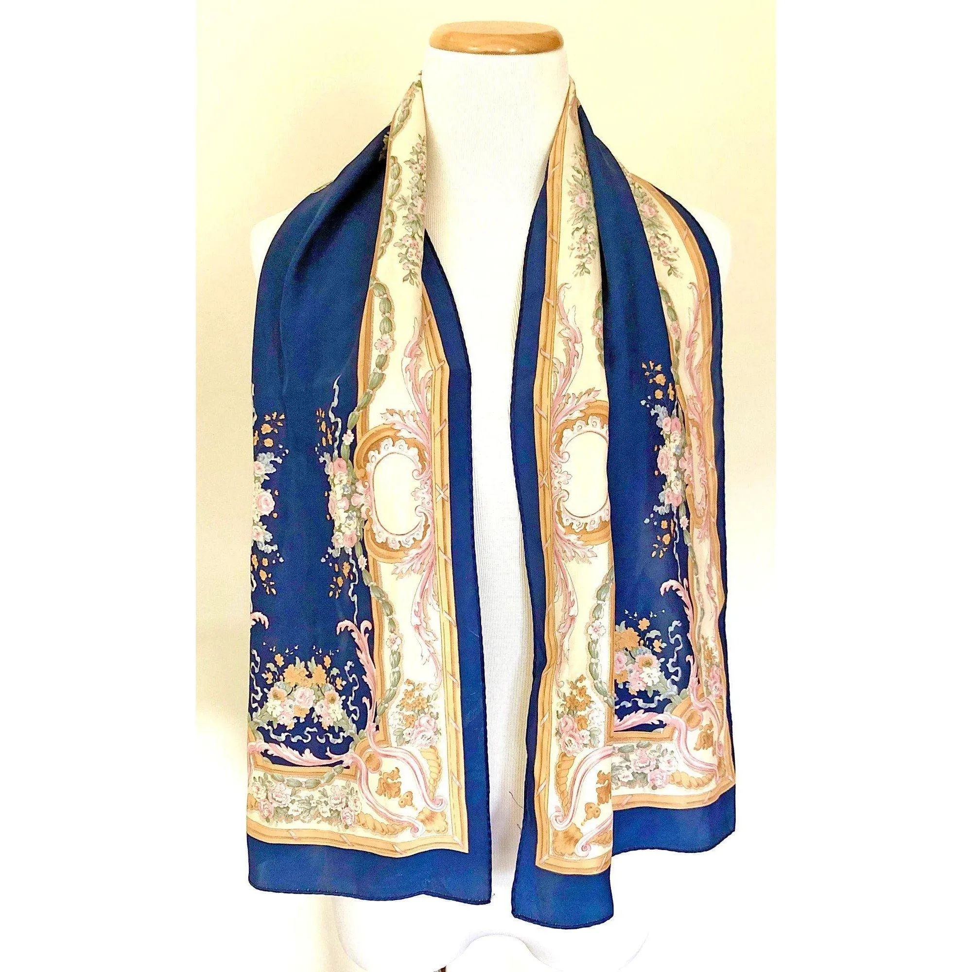 Vintage Liz Claiborne Navy, Gold, Paisley Oblong Silk Scarf
