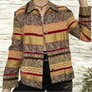 Vintage Paisley Embroidered Tapestry Velour Blanket Jacket Blazer Shacket Yellow