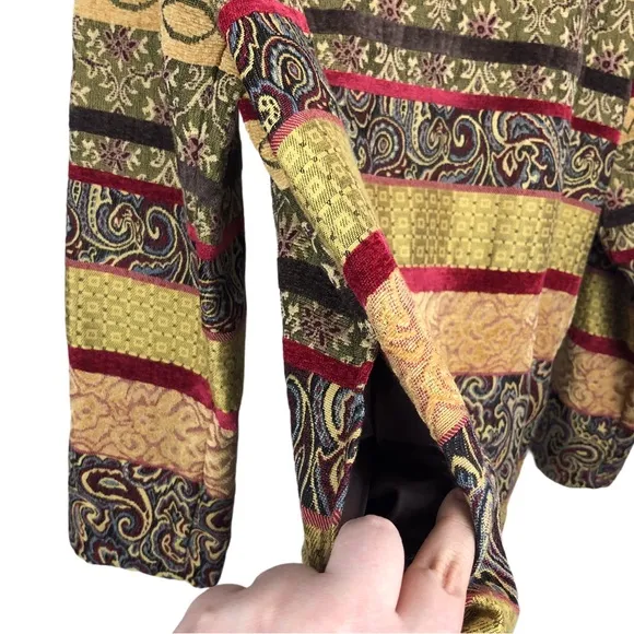 Vintage Paisley Embroidered Tapestry Velour Blanket Jacket Blazer Shacket Yellow