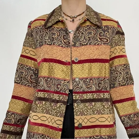 Vintage Paisley Embroidered Tapestry Velour Blanket Jacket Blazer Shacket Yellow
