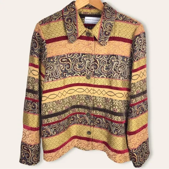 Vintage Paisley Embroidered Tapestry Velour Blanket Jacket Blazer Shacket Yellow