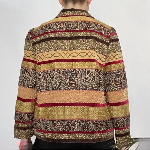 Vintage Paisley Embroidered Tapestry Velour Blanket Jacket Blazer Shacket Yellow