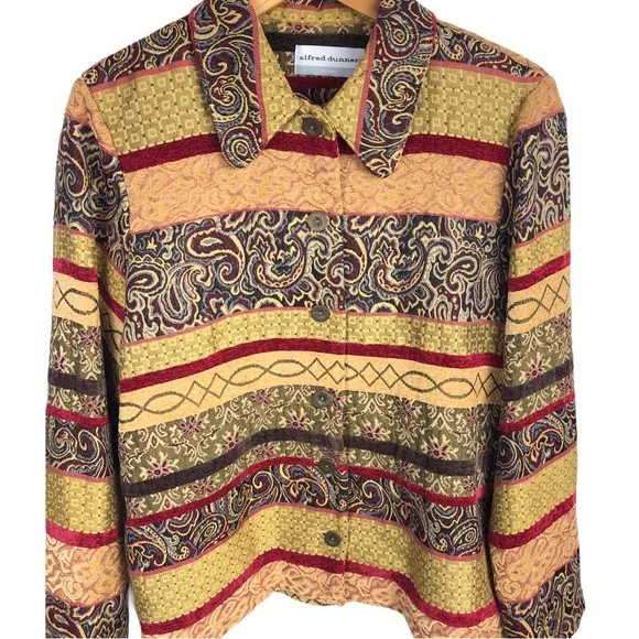 Vintage Paisley Embroidered Tapestry Velour Blanket Jacket Blazer Shacket Yellow