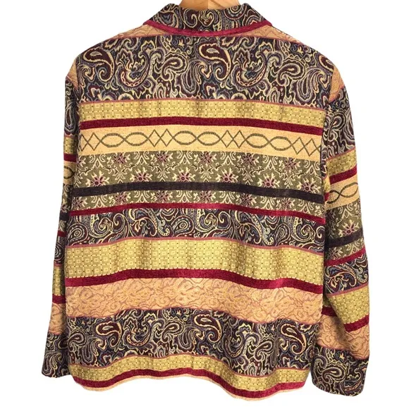 Vintage Paisley Embroidered Tapestry Velour Blanket Jacket Blazer Shacket Yellow