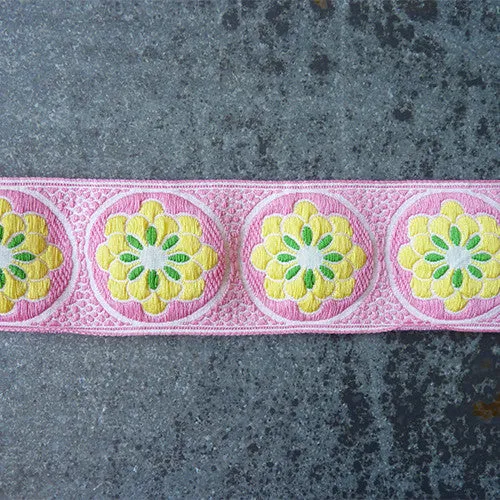 Vintage Speckled Floral Ribbon - Yellow on Pink