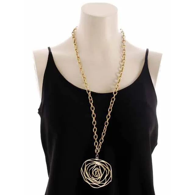 Vintage Stylized Golden Rose Pendant Necklace Large 1960s