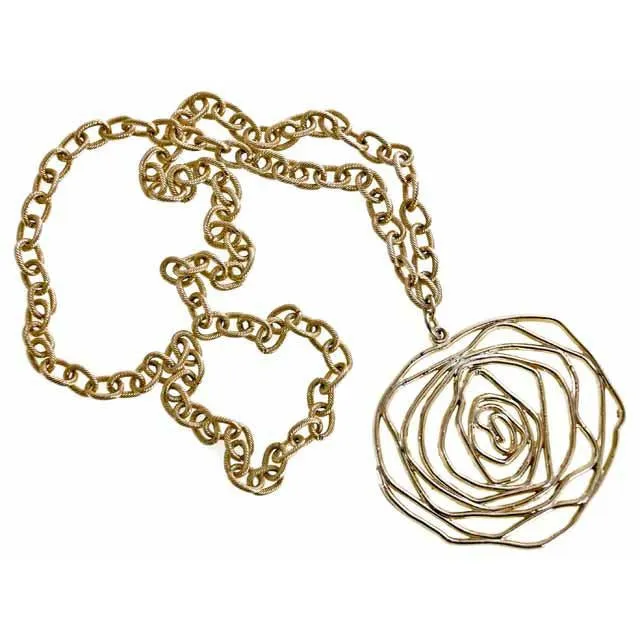 Vintage Stylized Golden Rose Pendant Necklace Large 1960s