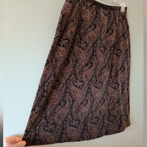 Vintage Velvet Brown Paisley Midi Skirt Size M