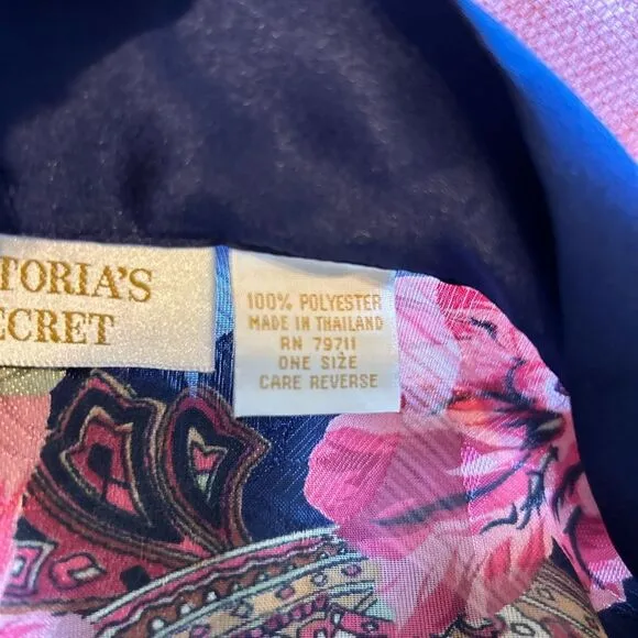 Vintage Victoria’s Secret Gold Label Navy Floral Robe Large Satin Trim Burnout