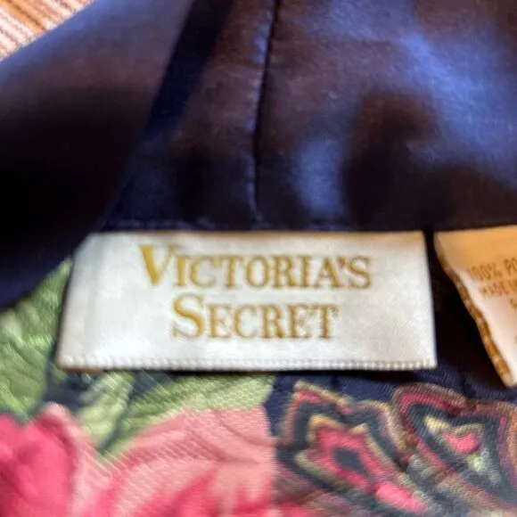 Vintage Victoria’s Secret Gold Label Navy Floral Robe Large Satin Trim Burnout