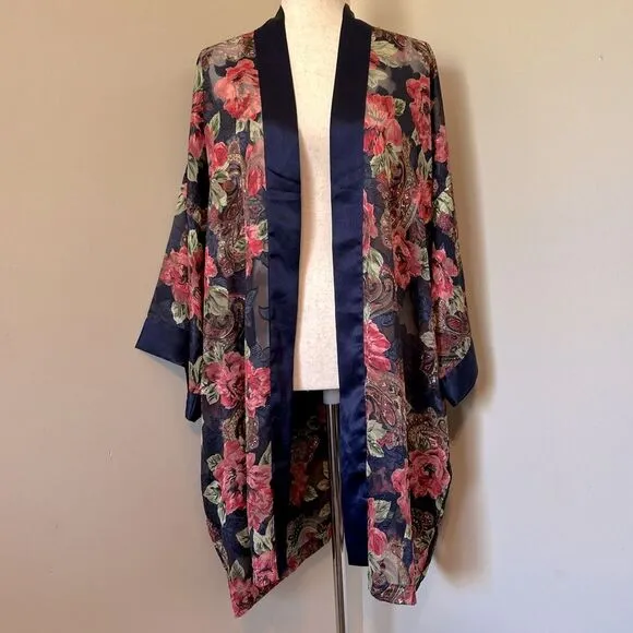 Vintage Victoria’s Secret Gold Label Navy Floral Robe Large Satin Trim Burnout