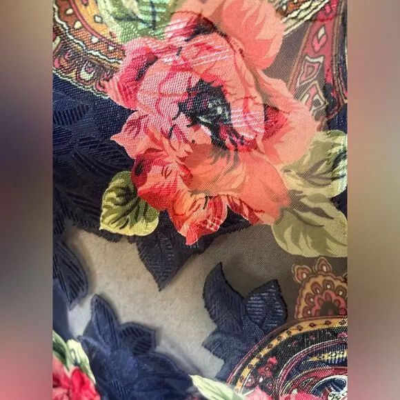 Vintage Victoria’s Secret Gold Label Navy Floral Robe Large Satin Trim Burnout