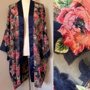 Vintage Victoria’s Secret Gold Label Navy Floral Robe Large Satin Trim Burnout