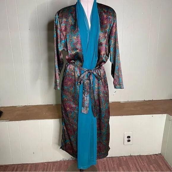 Vintage Victorias Secret Gold Label Satin Paisley Long Robe Kimono Small 90s Y2K