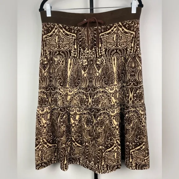 Vintage Y2K Brown Juicy Couture Paisley Pattern Velour Velvet Tiered Skirt