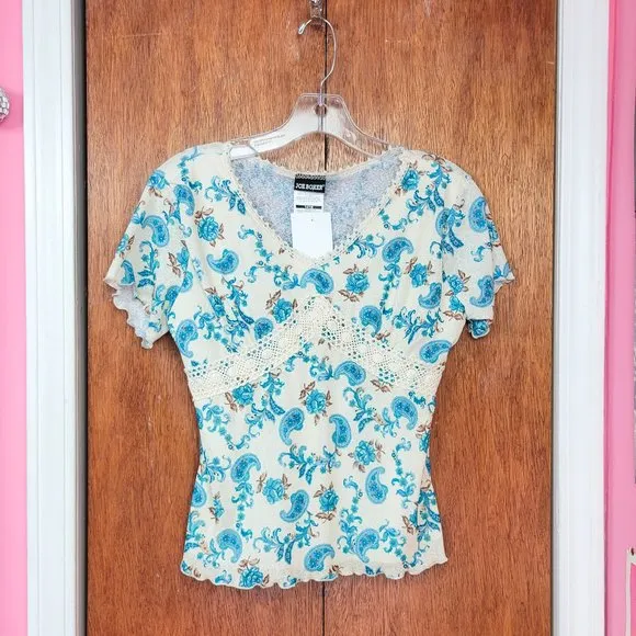 Vintage Y2K Joe Boxer Cream &amp; Blue Floral Paisley Print Two Piece Skirt Set