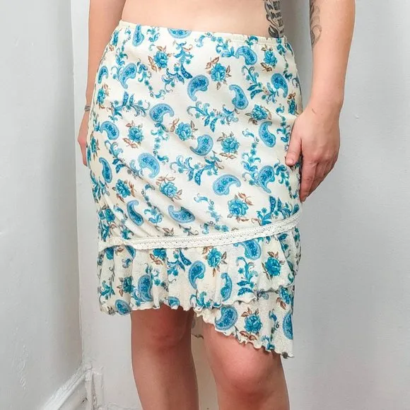 Vintage Y2K Joe Boxer Cream &amp; Blue Floral Paisley Print Two Piece Skirt Set