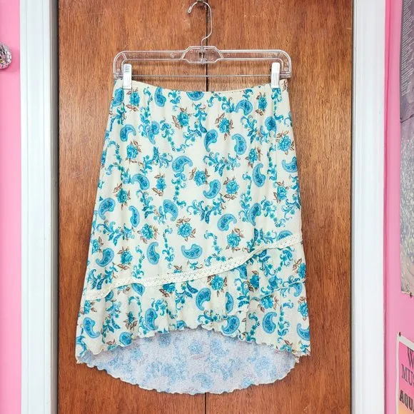 Vintage Y2K Joe Boxer Cream &amp; Blue Floral Paisley Print Two Piece Skirt Set