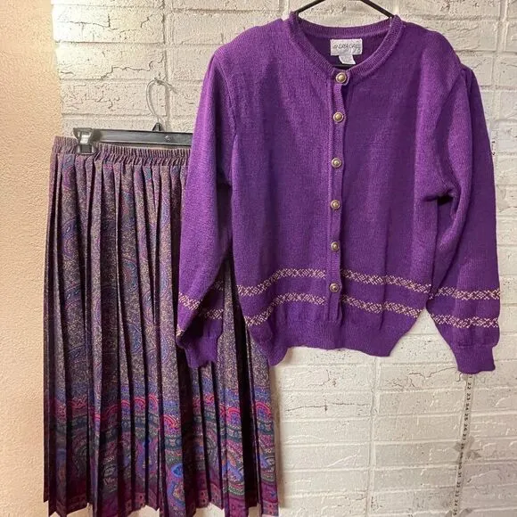 Vintage Andrea Gayle Purple Knit Cardigan &amp; Paisley Matching Skirt Set