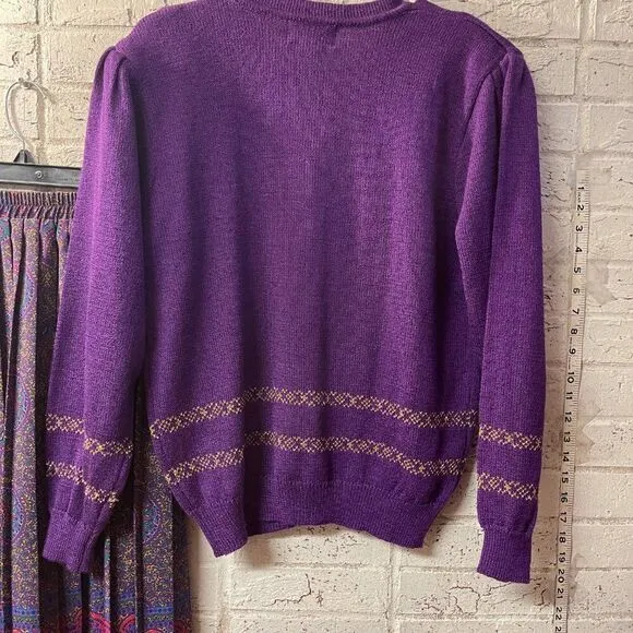 Vintage Andrea Gayle Purple Knit Cardigan &amp; Paisley Matching Skirt Set