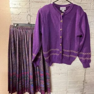 Vintage Andrea Gayle Purple Knit Cardigan &amp; Paisley Matching Skirt Set