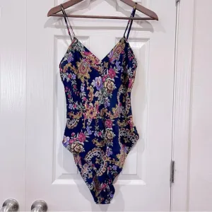 Vtg Nordstrom Lingerie Silk Teddy One Piece Blue Floral Paisley Bodysuit Size S