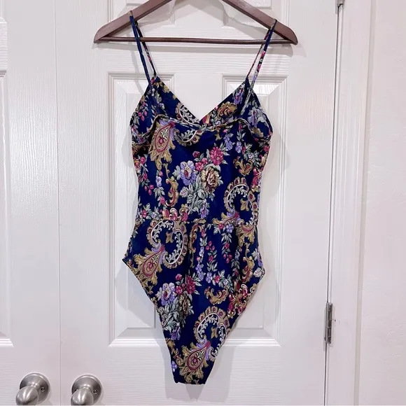 Vtg Nordstrom Lingerie Silk Teddy One Piece Blue Floral Paisley Bodysuit Size S