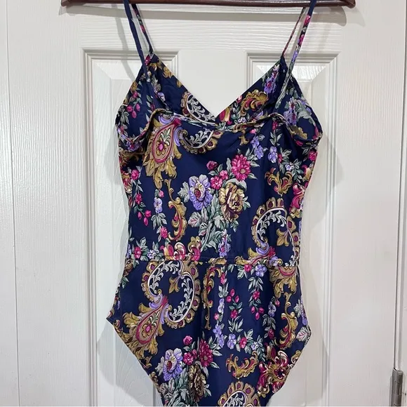 Vtg Nordstrom Lingerie Silk Teddy One Piece Blue Floral Paisley Bodysuit Size S
