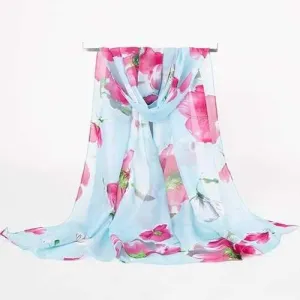Watercolour Floral Printed Gossamer Long Scarf - Cloudy