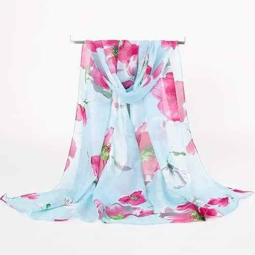 Watercolour Floral Printed Gossamer Long Scarf - Cloudy