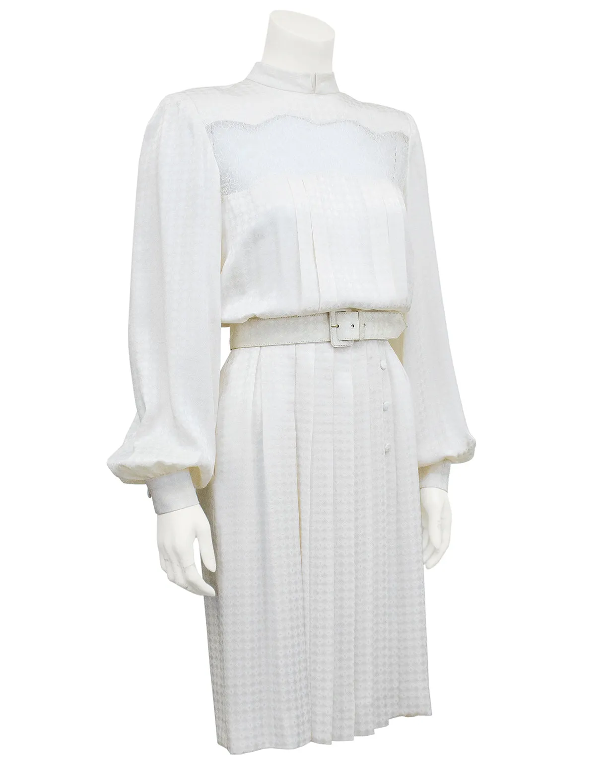 White Silk Jacquard and Lace Dress