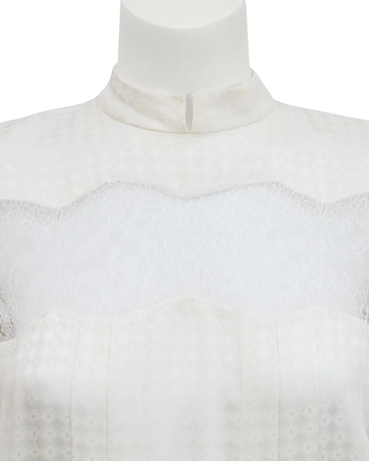 White Silk Jacquard and Lace Dress