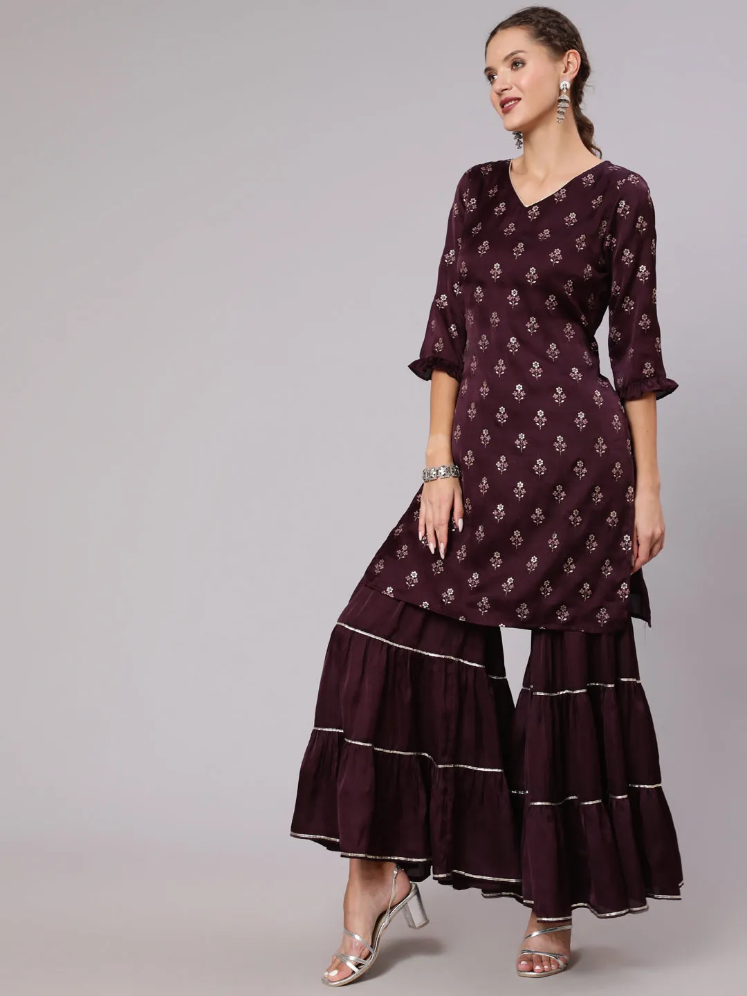Wine Silk Printed Kurta With Sharara And  Ombre Organza Dupatta