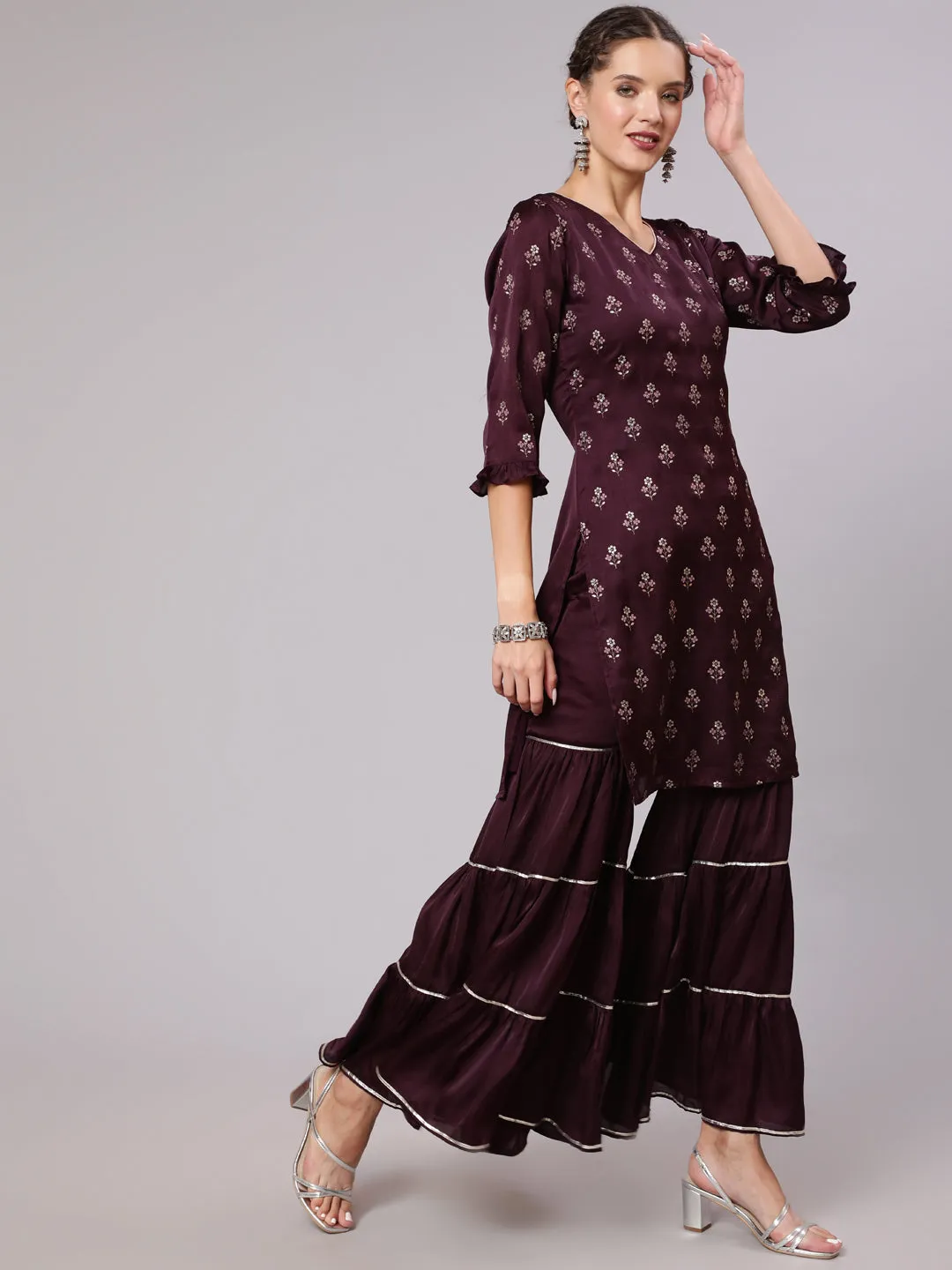 Wine Silk Printed Kurta With Sharara And  Ombre Organza Dupatta