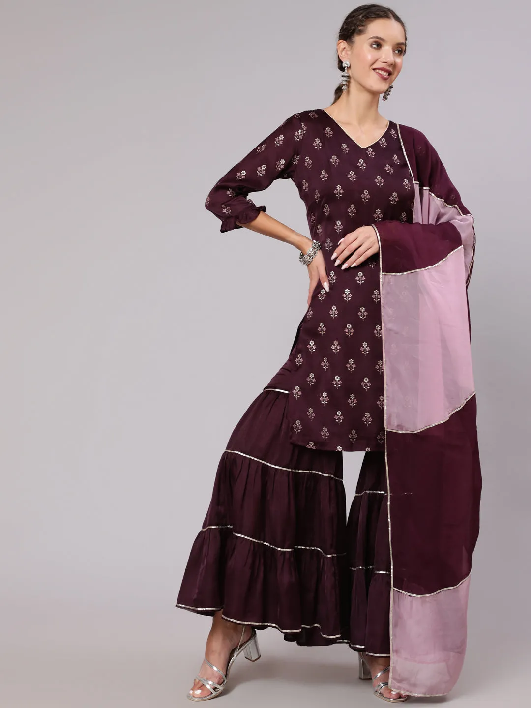 Wine Silk Printed Kurta With Sharara And  Ombre Organza Dupatta