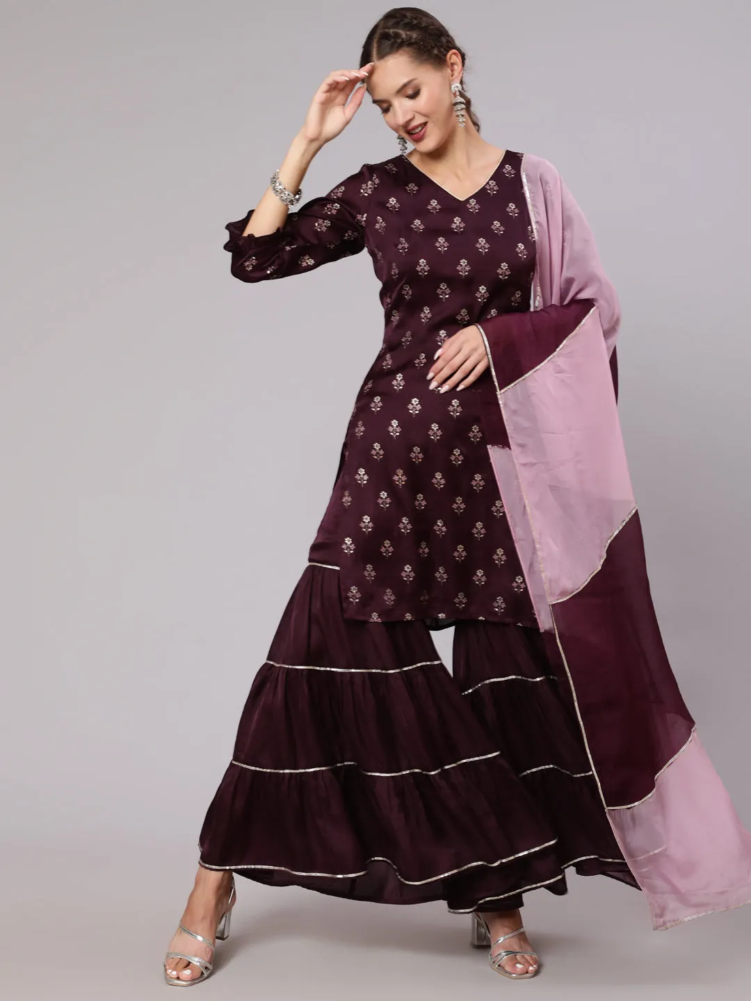 Wine Silk Printed Kurta With Sharara And  Ombre Organza Dupatta