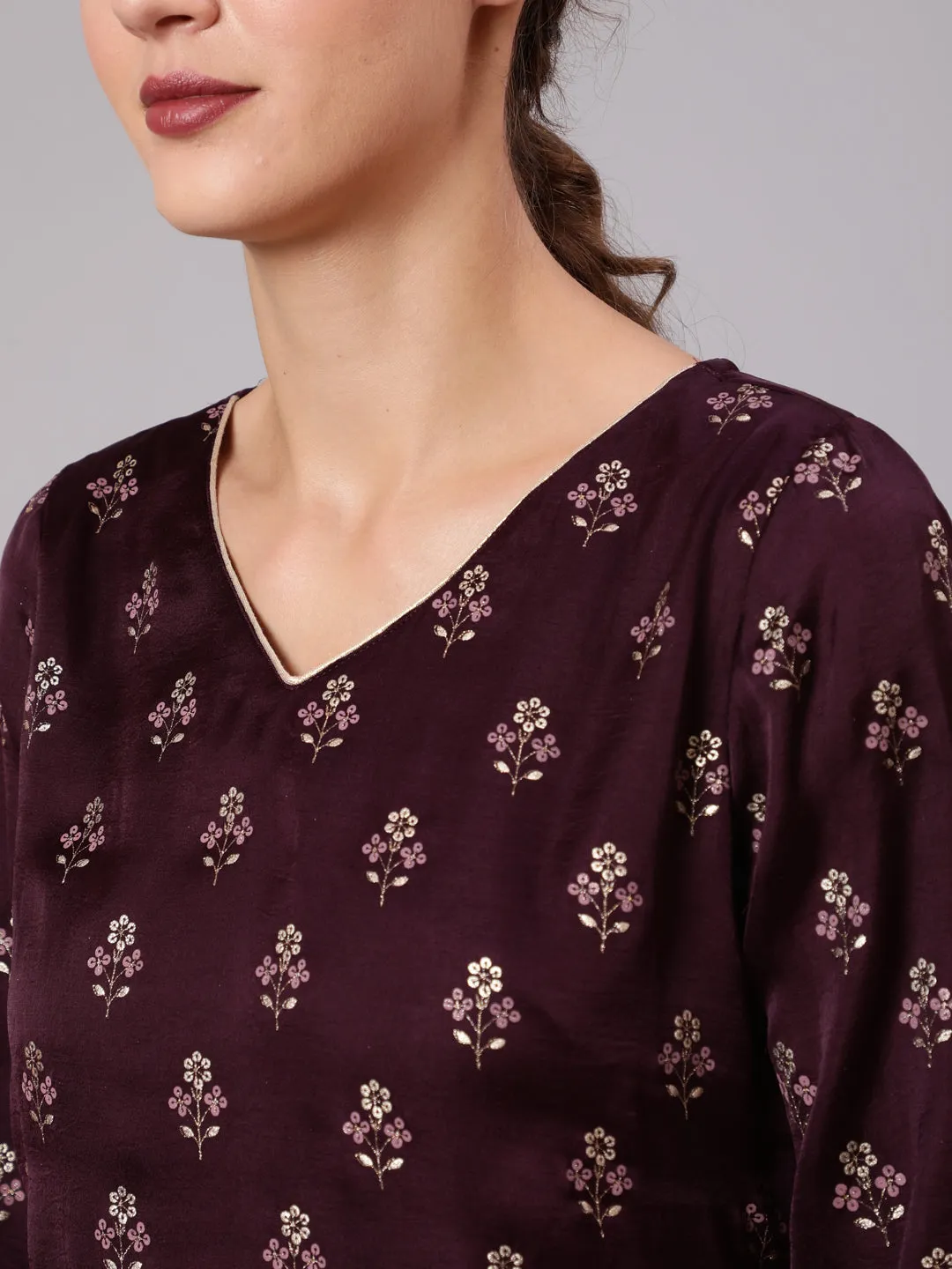 Wine Silk Printed Kurta With Sharara And  Ombre Organza Dupatta