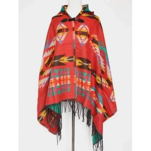Winter Ethnic Style Fringe with Hat Poncho - Red