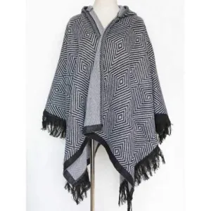 Winter Geometry Square Tassel Hooded Pashmina - White And Black