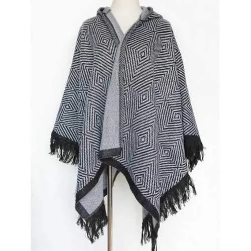 Winter Geometry Square Tassel Hooded Pashmina - White And Black
