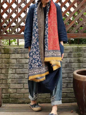 Women Vintage Floral Colorblock Raw-edge Shawl Scarf