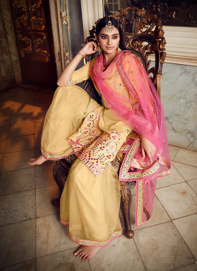 Yellow And Pink Mirror Embroidered Gharara Suit