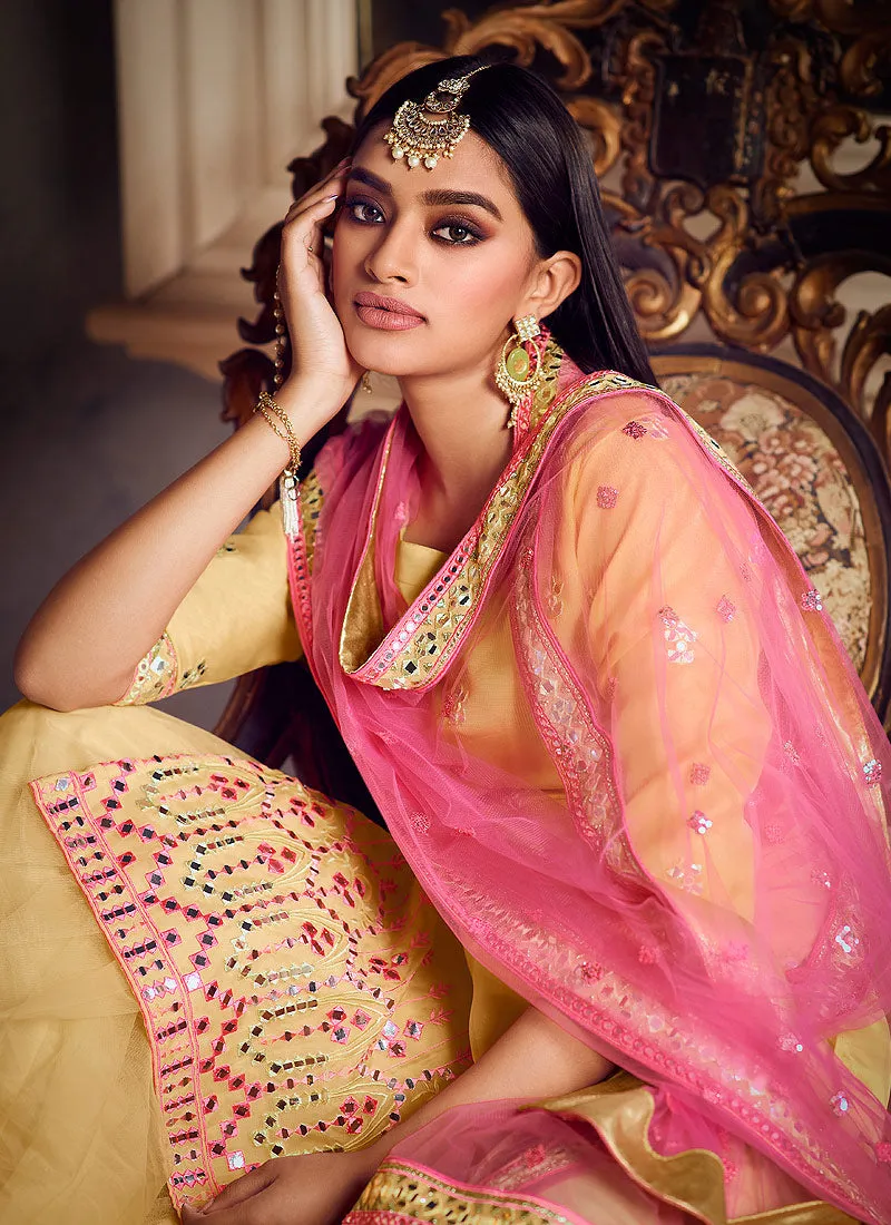Yellow And Pink Mirror Embroidered Gharara Suit